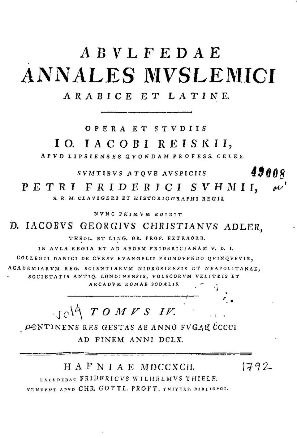 Rûpela sernavê ya Latînî ya cilda çarem a Abulfedae Annales Muslemici Arabice et Latine bi navên Reiske û Adler û Copenhagen 1792