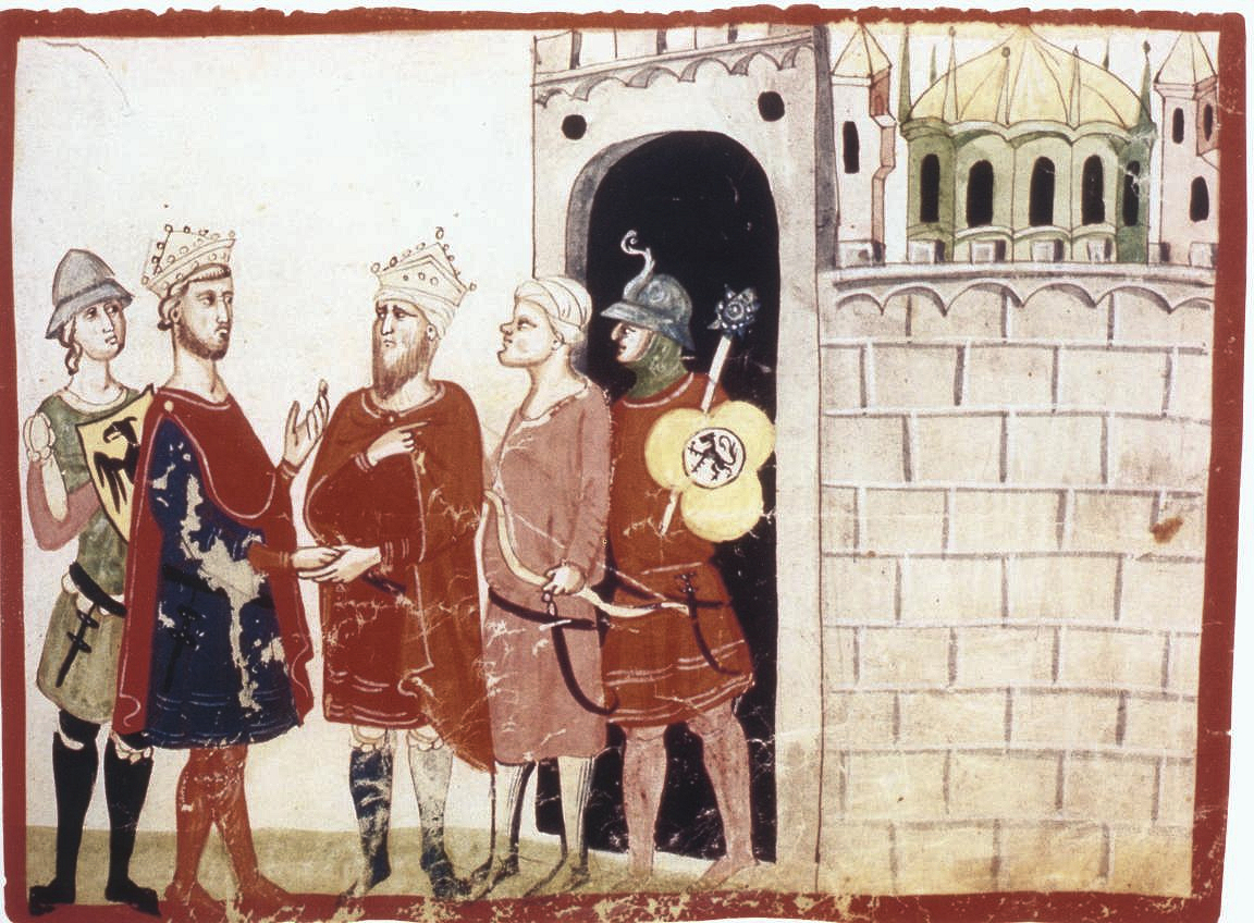 Middeleeuwse miniatuur van gekroonde Frederik II, al-Kamil met tulband en begeleiders bij een ommuurde stad