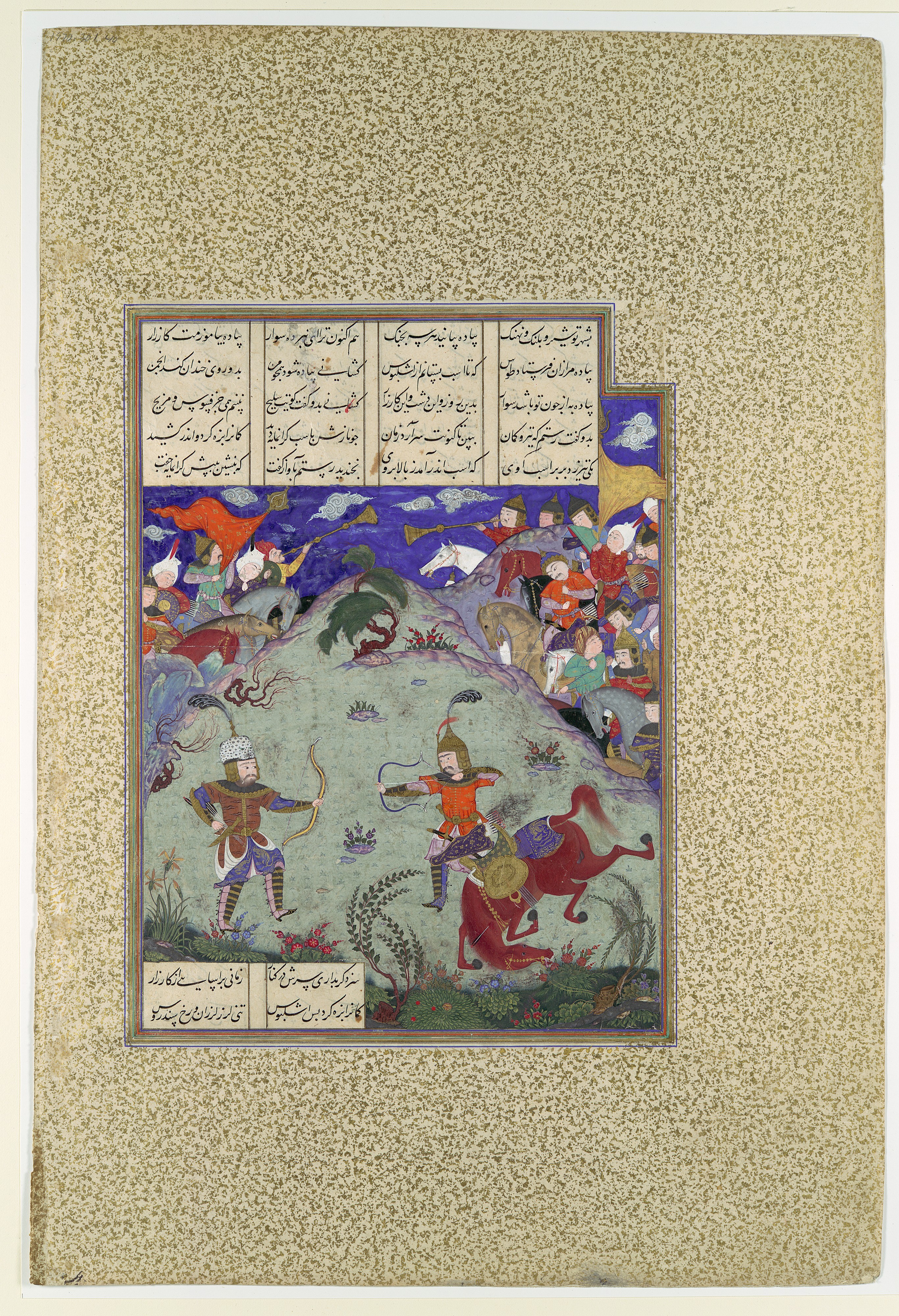 Manuscript painting of Rostam standing with a bow opposite the mounted Ashkabus, with two armies watching from rocky hills