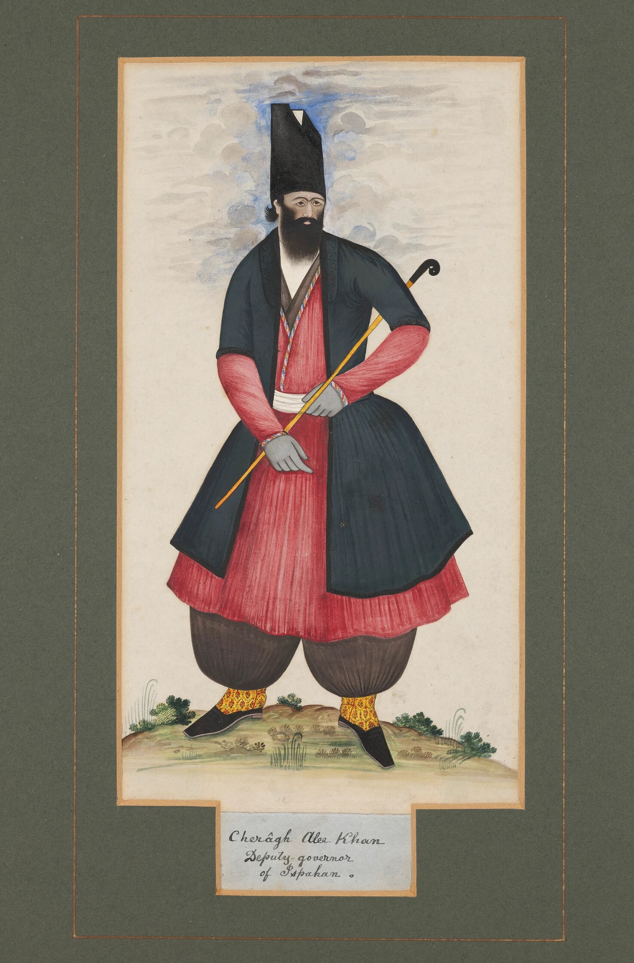 Nineteenth-century painted portrait of Cheragh-Ali Khan Zanganeh in a tall black hat, dark coat and red robe, holding a slender staff