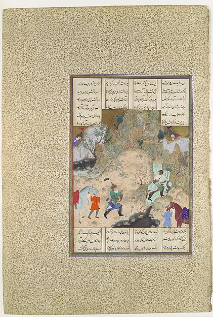 Illuminated manuscript leaf with two warriors on a rocky mountainside, attendants holding horses below, Persian verse panels and a broad gold-speckled margin