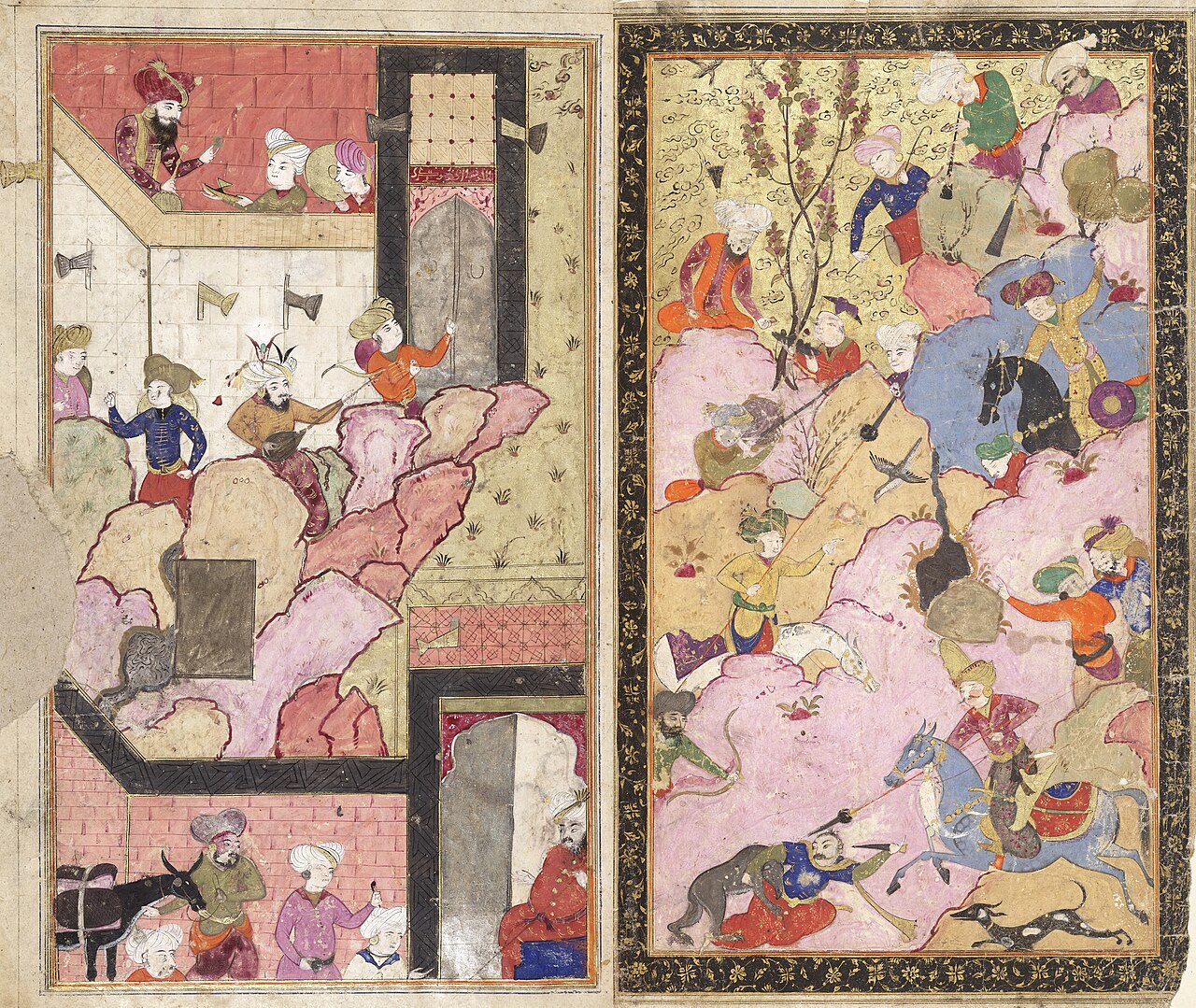 An illustrated manuscript spread with a court, musicians and servants on the left and hunters among coloured mountain rocks, birds and animals on the right