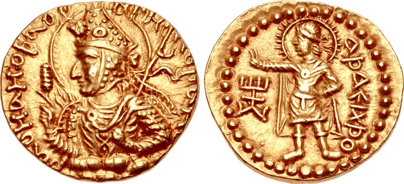 Two sides of a gold coin: a crowned royal bust on the left and a standing haloed figure extending one hand on the right, with inscriptions around both
