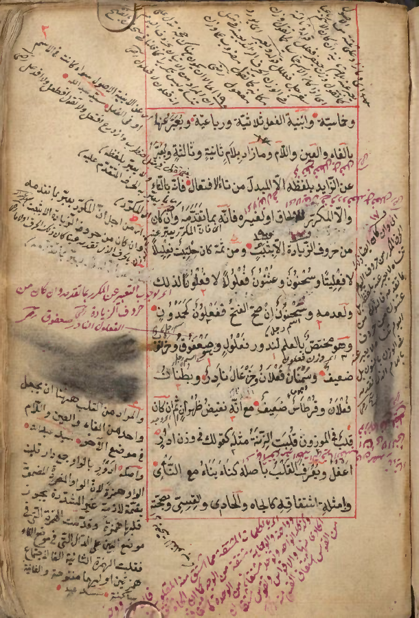 Arabische manuscriptpagina met zwarte tekst in rood kader, rode accenten en veel kanttekeningen
