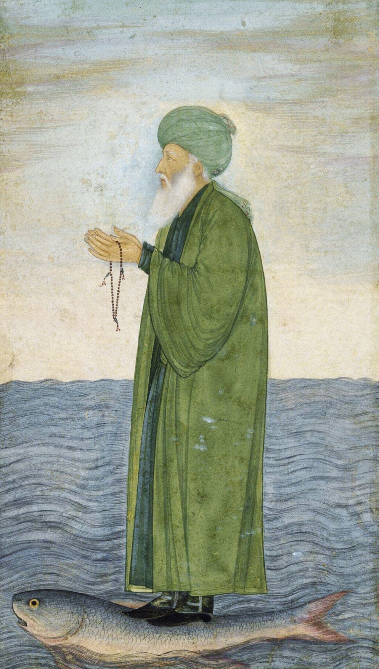 Pintura de figura de barba blanca con turbante y túnica verdes, sosteniendo cuentas de oración sobre un gran pez entre olas azules