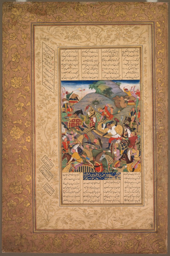 Illuminated Shahnameh page with Persian verse above and below a crowded mounted battle, surrounded by wide floral gold margins