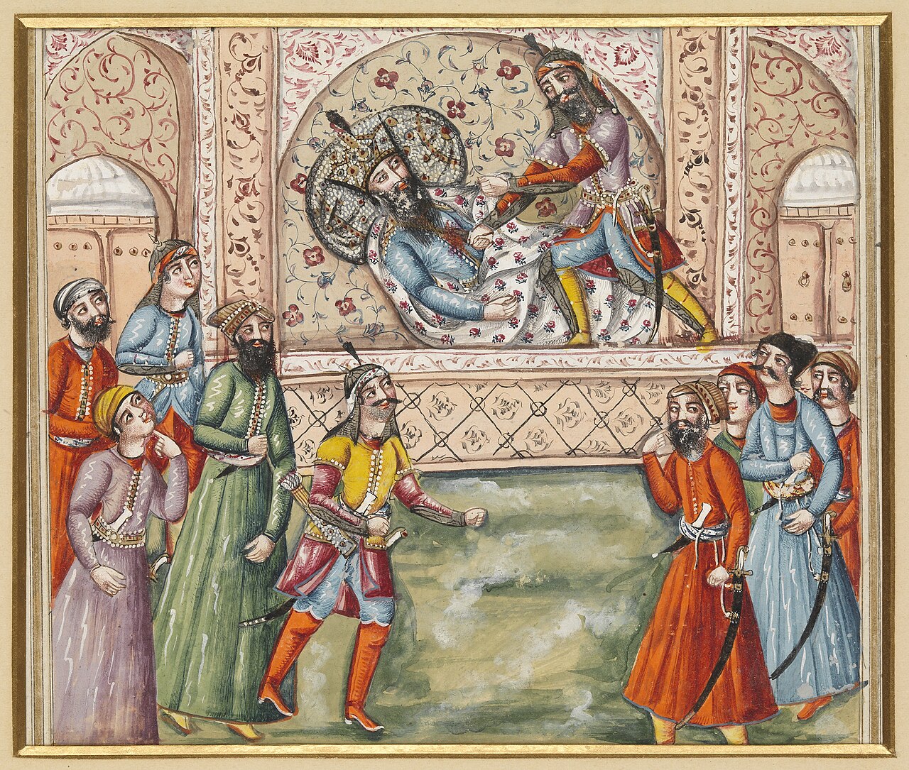 Shahnameh painting with Afrasiyab standing over the reclining Nauzar above two groups of onlookers, some carrying weapons