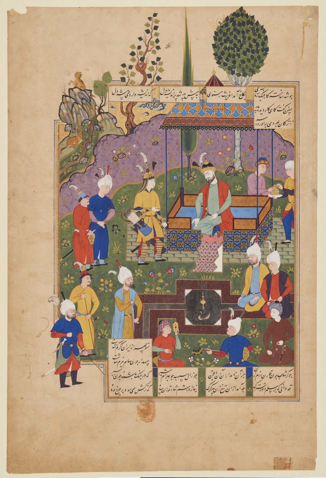 Manuscript painting of Pashang seated beneath a patterned canopy while Afrasiab in yellow armour stands before him, with courtiers and musicians around a pool