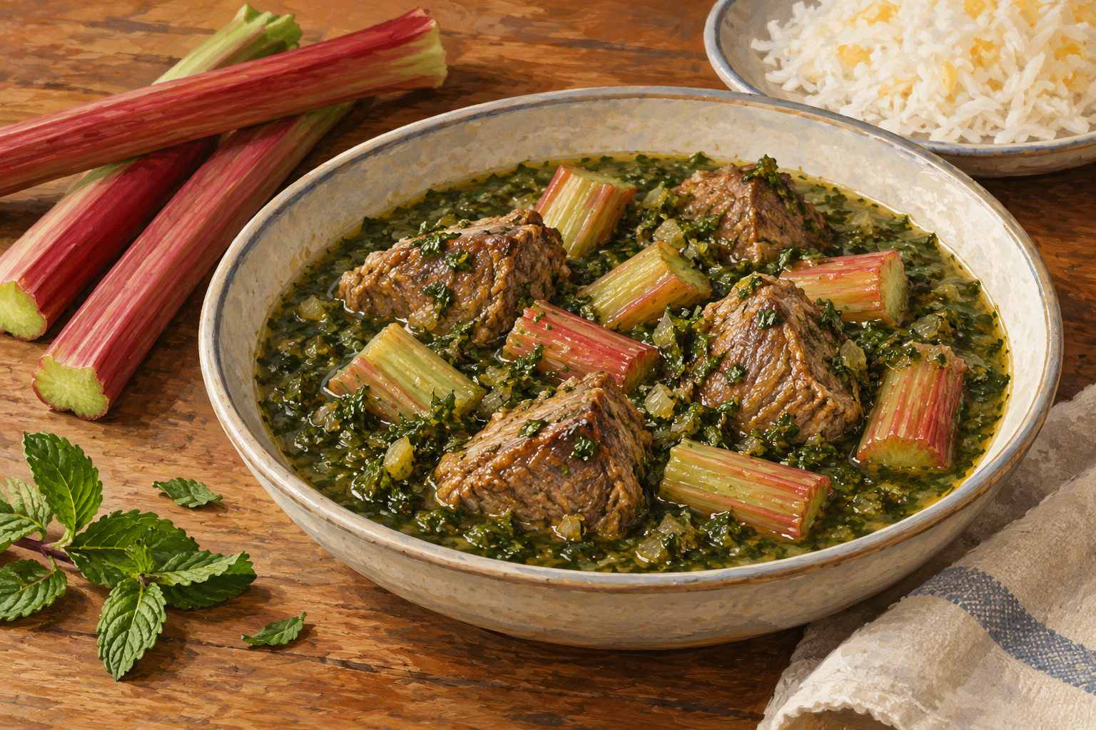 Ragoût peint d’agneau et rhubarbe rose-verte dans une sauce aux herbes, près de tiges et de riz