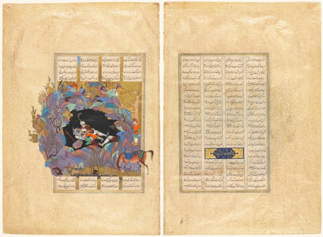 Two manuscript pages with Persian verse columns; the left page shows Rostam fighting the White Div in a dark cave surrounded by colourful rocks