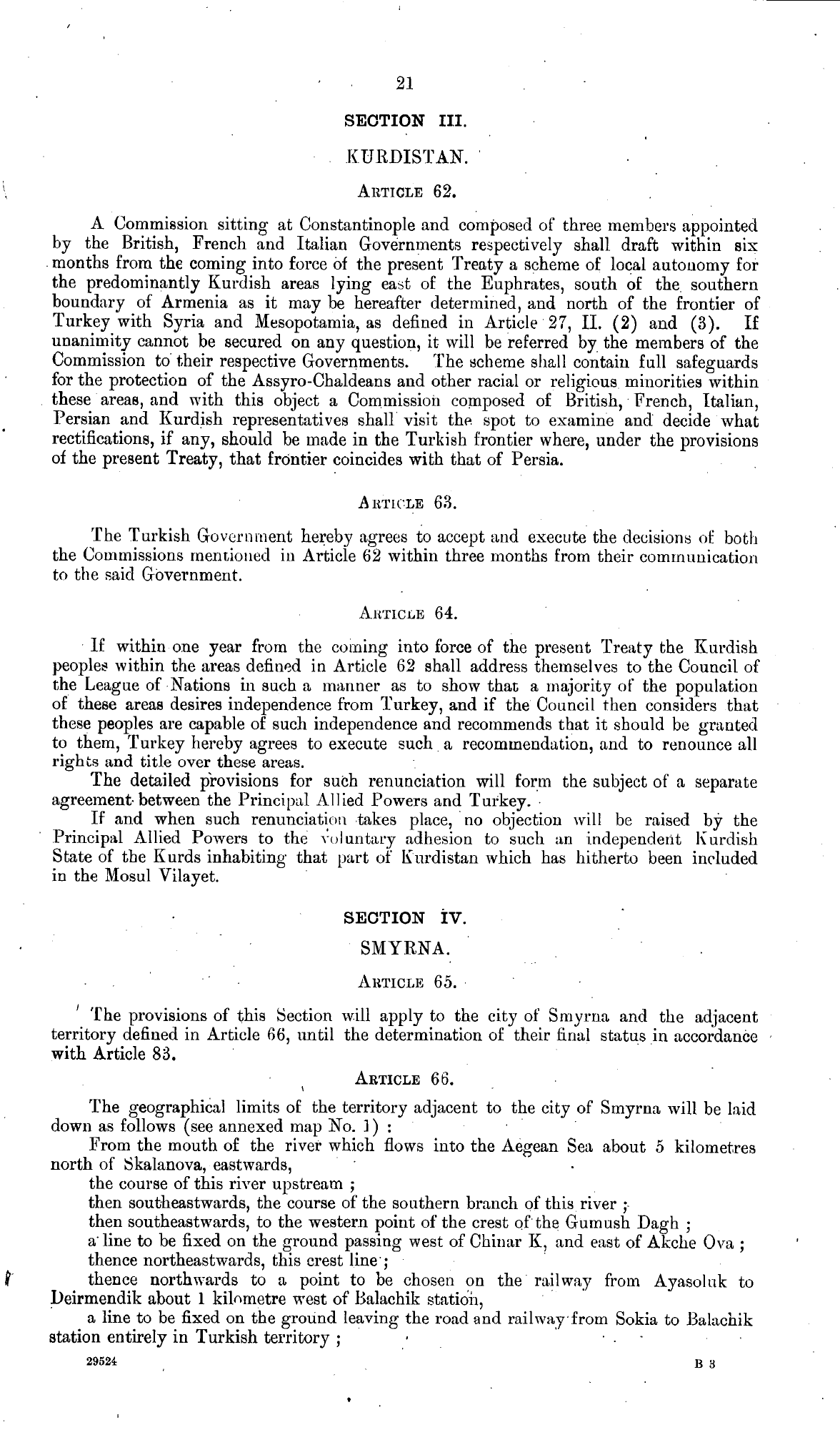 Gescannte Seite 21 des Vertrags von Sèvres 1920 mit Kurdistan-Überschrift, Artikeln 62–64 und Smyrna-Abschnitt darunter