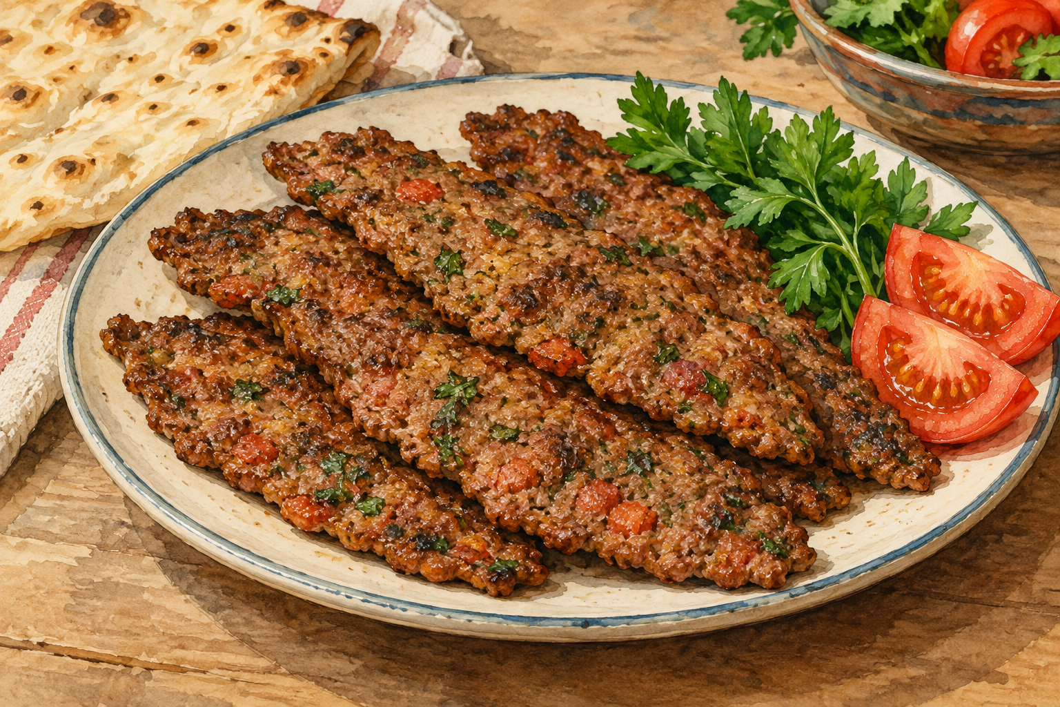Akvarell av tunna stekta köttfärsbiffar med örter och tomat, tunnbröd och persilja