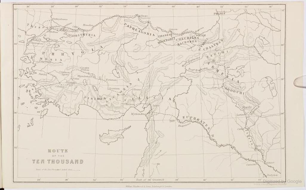 Mapa del siglo diecinueve de la ruta de los Diez Mil por Anatolia y Mesopotamia hacia Armenia y el mar Negro