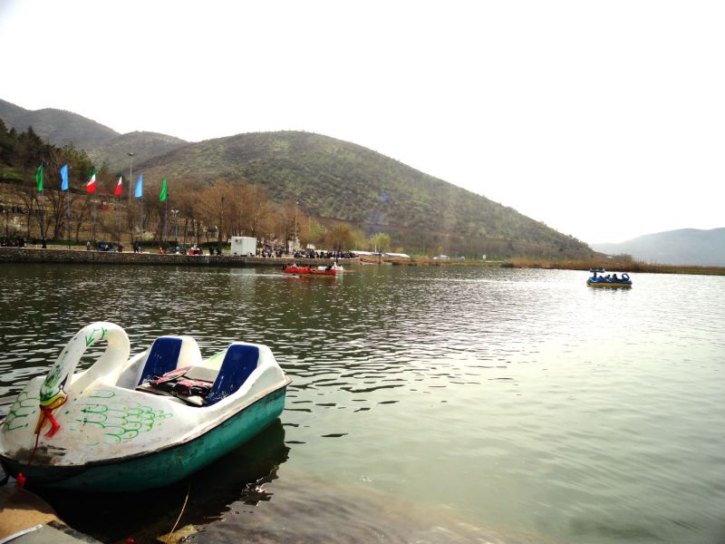 Swan-shaped pedal boat beside the shore of Zrêbar, with other boats, a tree-lined promenade and wooded hills across the lake