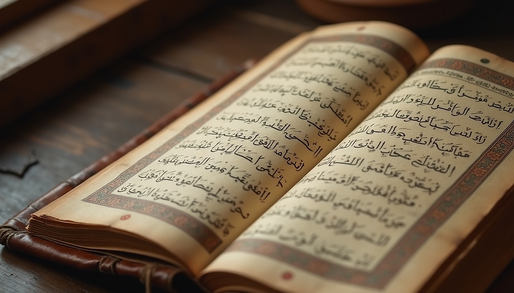 Eye-level view of an ancient manuscript of hadith studies with Arabic calligraphy