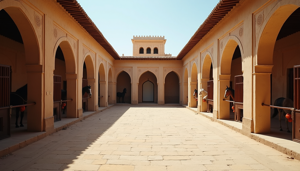 Eye-level view of an ancient Persian stable courtyard with traditional architecture