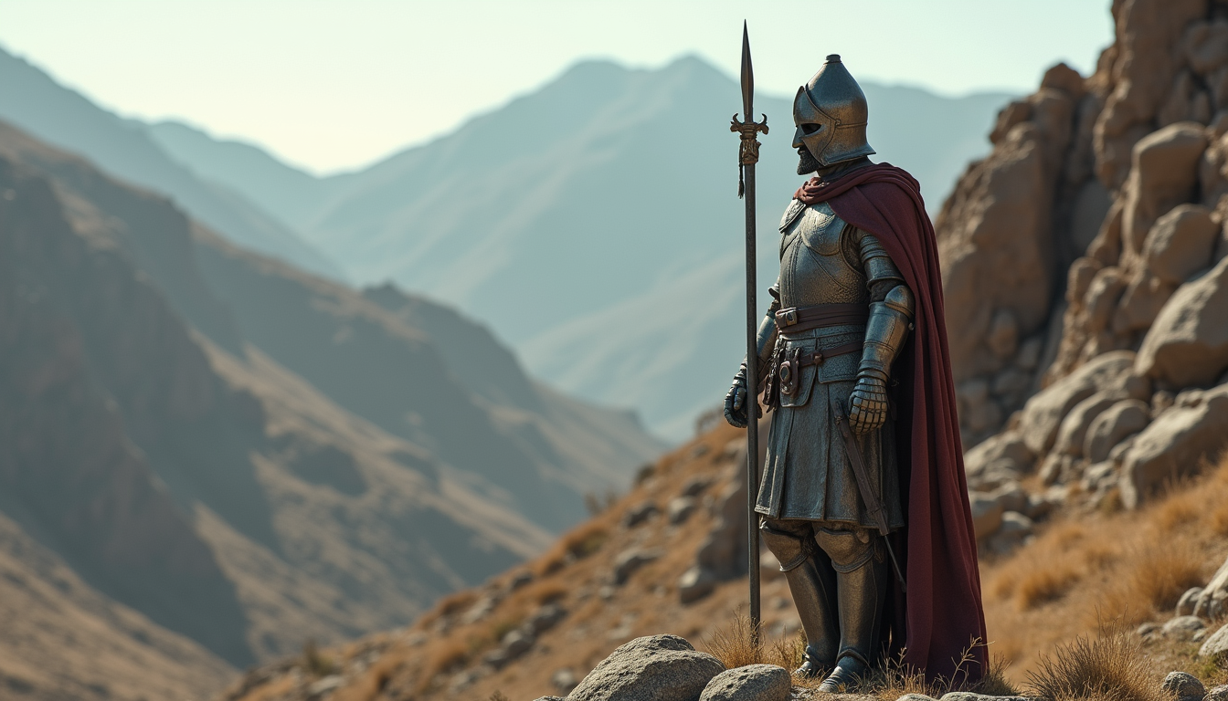 Eye-level view of a medieval Kurdish warrior statue in a mountainous landscape