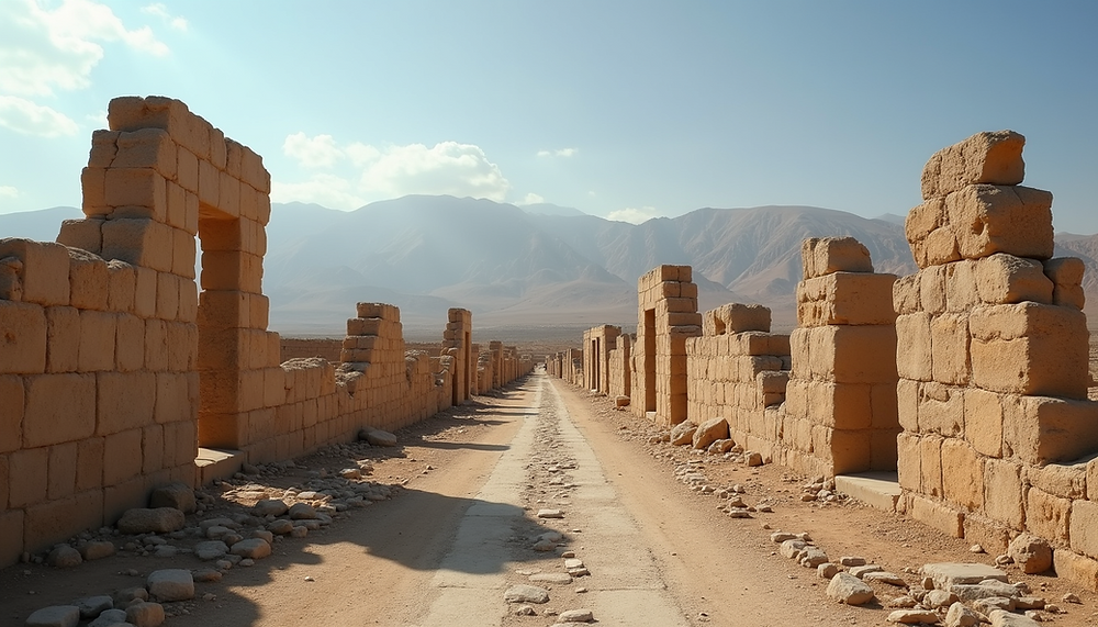 Eye-level view of the ruins of Dinawar town in western Iran, showing ancient stone structures and mountainous background