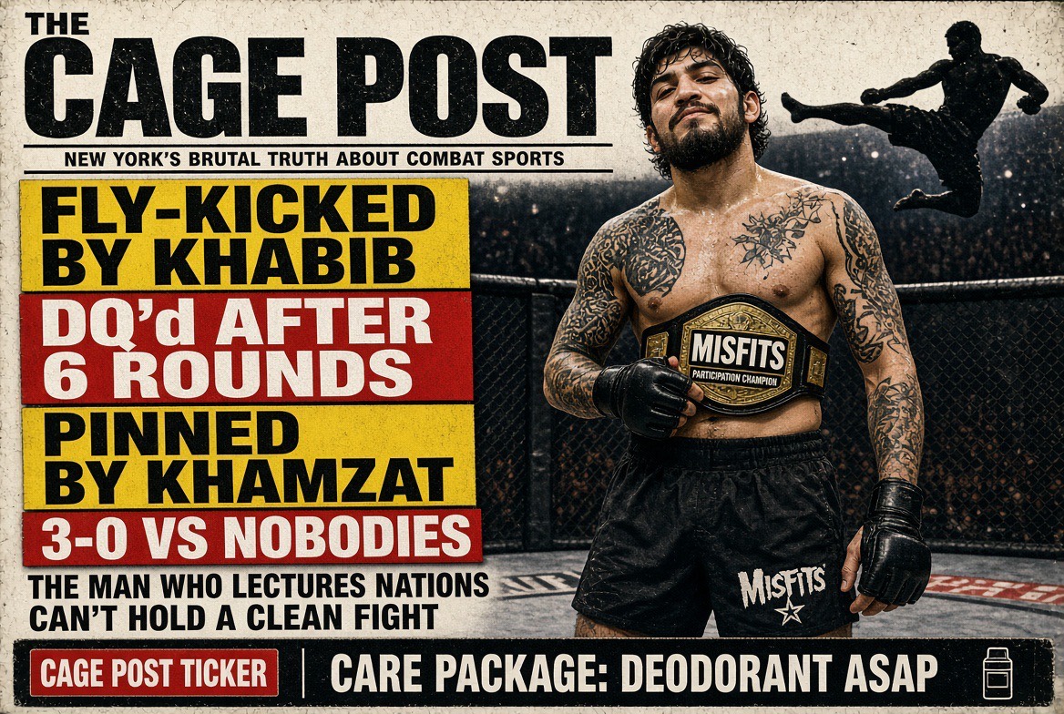 The Cage Post banner depicting Dillon Danis with headlines about his combat sports record and comments on Kurds.